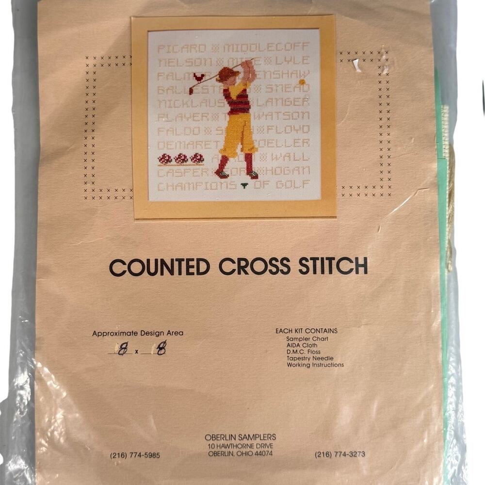 Vintage Oberlin Samplers Champions of Golf Cross Stitch Kit DMC OOP Golfer 1991